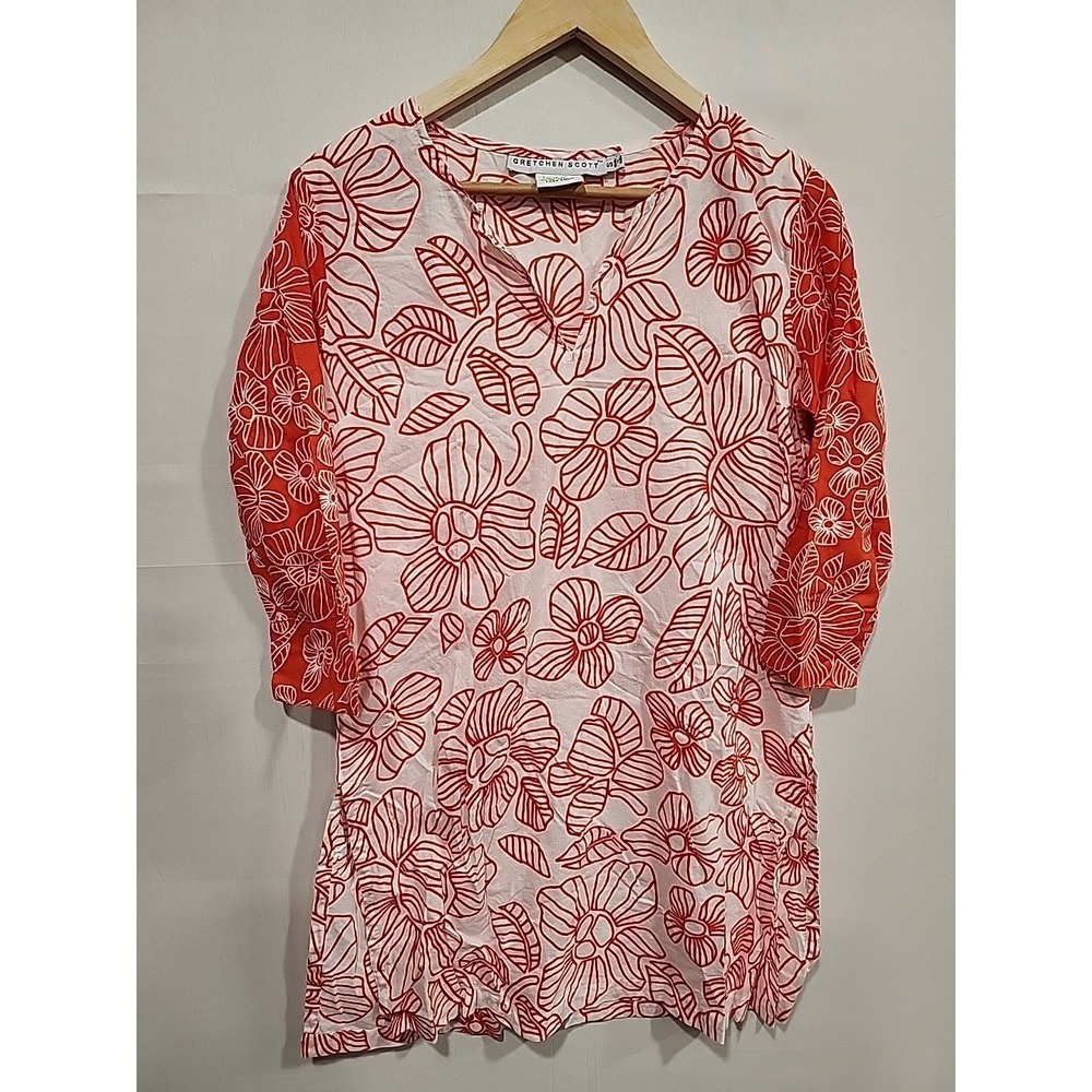 Gretchen Scott Tunic Coverup Dress Womens S White/Orange Floral Print, V-neck